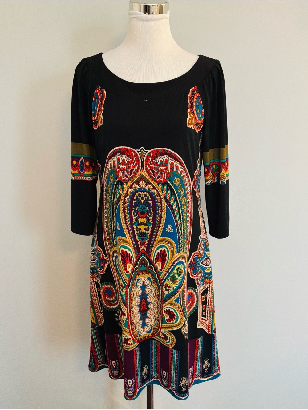 Tiana B Women’s Jersey Knit Dress 3/4 Sleeve Black Multi Paisley Pullover Size M